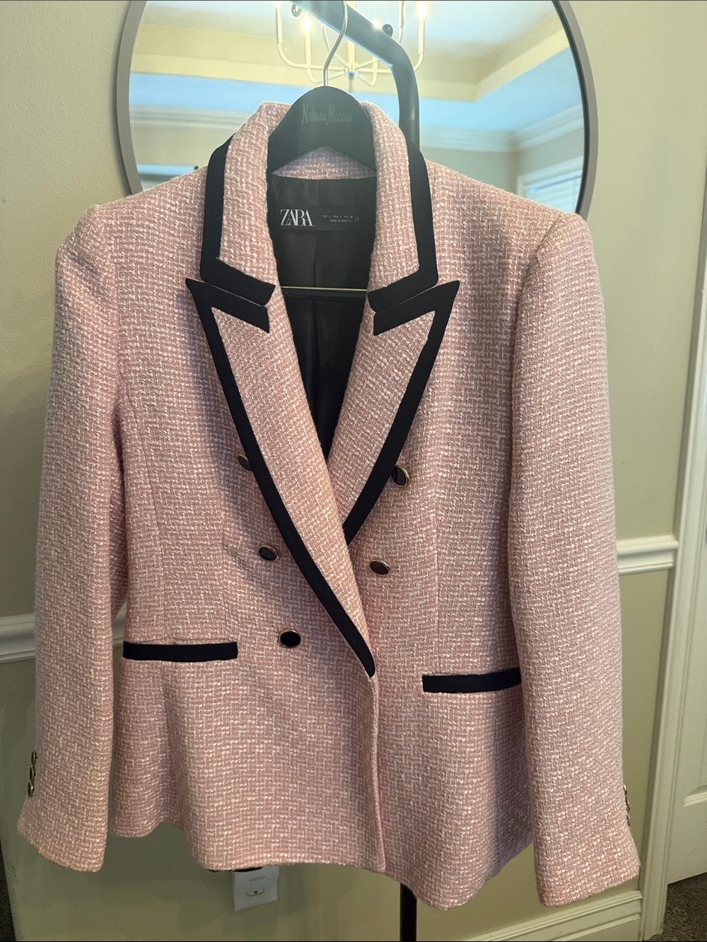 ZARA Pink Tweed Double-Breasted Blazer with Black Trim